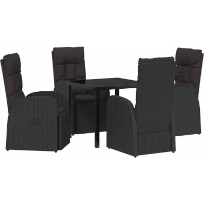 Image of Vidaxl 5 Piece Garden Dining Set with Cushions Black Poly Rattan