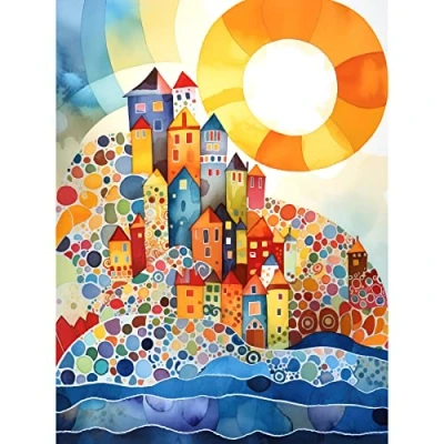 Image of Artery8 Abstract Seascape Sunrise Village Folk Art Unframed Wall Print Poster Home Decor Premium