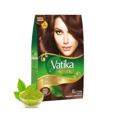 Image of Vatika Henna Natural Brown Hair Colour 60g (6 x 10g Sachets), &amp; Nourishing Dye, 100% Ammonia Free, For Vibrant Color, Shine, Coverage