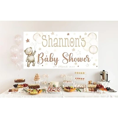 Image of Party Prints Large PERSONALISED Teddy Bear Baby Shower Banner Decorations Welcome Sign Poster Backdrop Neutral Blue Pink Brown Boys Girls Balloons (Neutral Beige Brown)