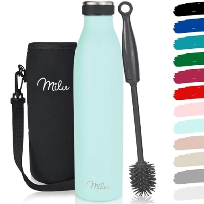 Image of Milu Stainless Steel Drinking Bottle 1L Thermo Bottle, Insulated Water Leak Proof Double Walled, Carbonated incl. Cleaning Brush (Mint, 1L)