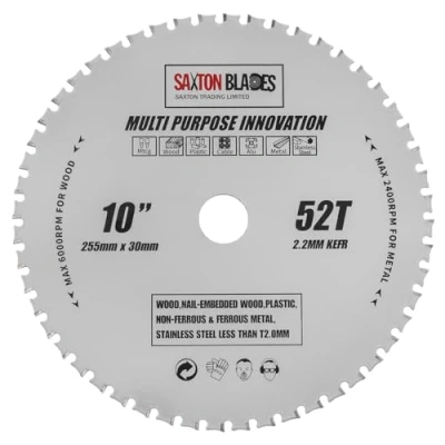 Image of TCT25552TMPT Saxton TCT Multi Purpose Innovation Circular Saw Blade 255mm x 52T Wood and Metal fits Bosch Dewalt Ryobi Makita etc