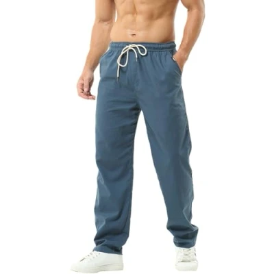 Image of Hoerev Men Casual Beach Trousers Linen Pants Blue