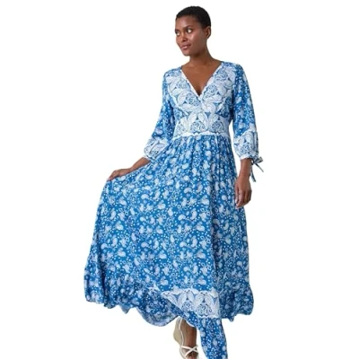 Image of Roman Originals Women Shirred Waist Dress Ladies Spring Everyday Summer Holiday V Neckline Comfy 3/4 Sleeve Soft Tassle Detail Frock Vacation Gowns Sky Blue White Size 10