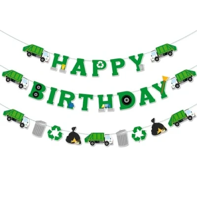 Image of Garbage Truck Birthday Banner Trash Party Supplies Waste Management Recycling Decorations Set of 3