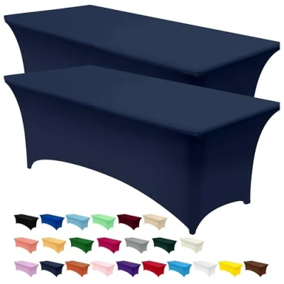 Image of Utopia Kitchen Spandex Tablecloth 2 Pack [8FT, Navy Blue] Tight, Fitted, Washable and Wrinkle Resistant Stretch Rectangular Patio Table Cover for Event, Wedding, Banquet &amp; Parties [96Lx30Wx30H Inch]