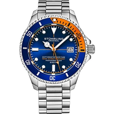 Image of Mens Swiss Automatic Stainless Steel Professiona Dive Watch, 200 Meters Water Resistant, Safety Clasp Screw Down Crown
