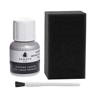 Image of Dye Design Paint for Leather and Faux Shoes, Trainers, with Sponge Brush, Famaco Liquid, 36 Colours Metallic Platinum