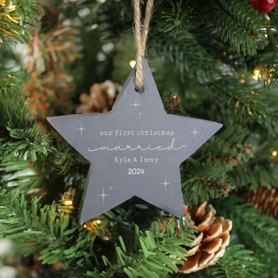 Image of eBuyGB Personalised First Christmas Married Ornament, 1st Bauble, Hanging Decoration, Newlyweds Slate Star Bauble