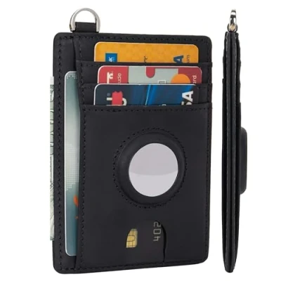 Image of LinsCraft Slim Minimalist Airtag Card Wallet for Men &amp; Women, Small Leather Front Pocket Wallets with Holder, RFID Blocking, Credit Holder Compatible AirTag, Crazy Horse Black