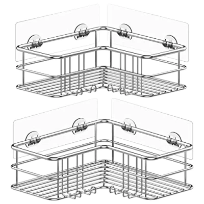 Image of Menbyci Silver Corner Shower Caddy,Adhesive Shelf with Hooks, Stainless Steel Rustproof Bathroom Storage Organizer Rack,No Drilling Shampoo Holder Wall Mounted,2 Pack