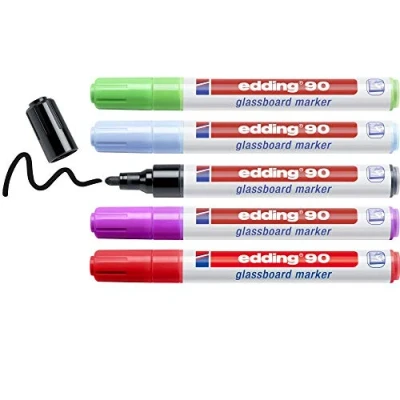 Image of edding 90 glassboard marker set multi coloured (dark) 5 glass pens round nib 2 3 mm washable window for writing and marking on surfaces windows, glassboards dry wipeable