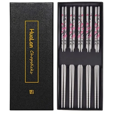 Image of HuaLan Metal Alloy Chopsticks Stainless Steel Lightweight 5 Pairs, Wintersweet