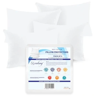 Image of Eutony Pillow Protectors 4 Pack 100% Cotton Zipped Ultra Luxe Protectors, Soft &amp; Breathable Hypoallergenic 50 x 75cm White