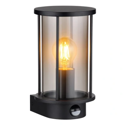Image of Gracey Outdoor Wall Lantern Matt Black IP54 Smoke Glass Shade 1x E27 Dawn Dusk Sensor