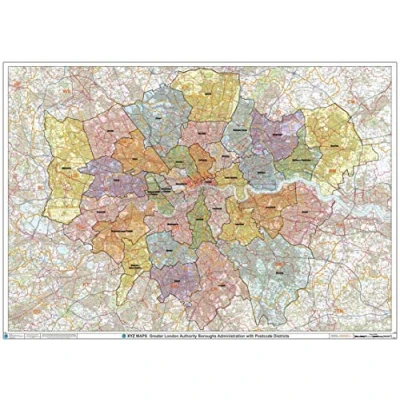 Image of Greater London Authority Boroughs with Postcode Districts Wall Map 47&quot; x 33.25&quot; Rolled Canvas