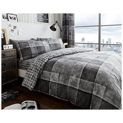 Image of GC GAVENO CAVAILIA Premium Denim Check Grey King Size Duvet Cover Set, Tartan Bedding Reversible Checkered Quilt Sets