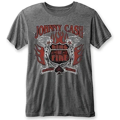 Image of Johnny Cash &#039;Ring of Fire&#039; (Navy/Red) Burnout T Shirt, Charcoal, Medium