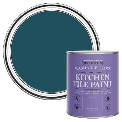 Image of Rust Oleum Blue Water Resistant Kitchen Tile Paint in Gloss Finish Commodore 750ml