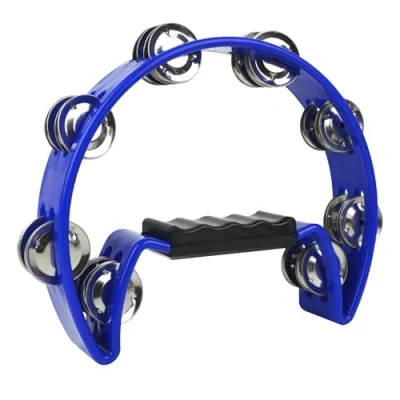 Image of A Star Half Moon Tambourine, Double Jingle Bell Cutaway with Ergonomic Grip Handle Singers, Bands, Musicians, Music Classes Blue