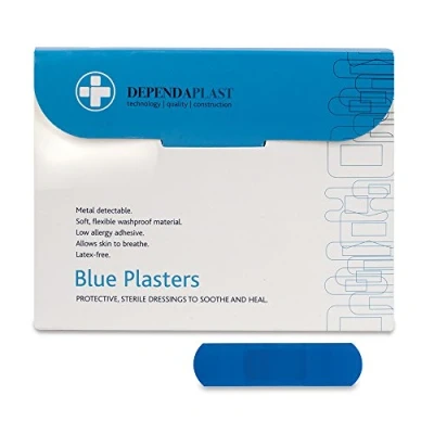 Image of Dependaplast Food Area Blue Plasters With High Visibility And Metal Detection Properties, Easily Detectable, Individually Wrapped 7 cm x 2 cm, (Pack of 100)