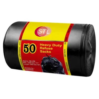 Image of STL 50 Pack 25 Micron 75L Strong &amp; Secure, Refuse Sacks, Bin Bags, Liners, Flat Top, Recycled, Tear Resistant, 30 μm, Perfect for Everyday Use, Household, Office, Kitchen Caterers