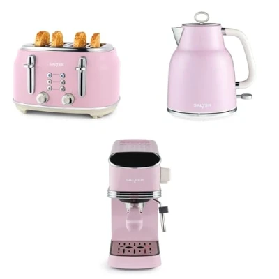 Image of Salter Retro 3 Piece Countertop Set Digital Espresso Machine with Milk Frothing Wand, 20 Bar Pressure Pump, 1.7L Electric Rapid Boil Kettle &amp; 4 Slice Toaster, 6 Browning Levels, Pink, COMBO 9734