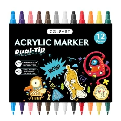 Image of DOETYD 12 PCS Acrylic Paint Pens Waterproof Dual Tip Markers Permanent for Glass Rock Ceramic Stone Wood Metal Canvas Fabric