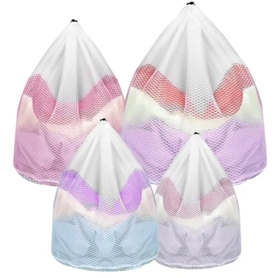 Image of AiQInu Set of 4 Laundry Bags, Washing Machine, Net, Large Bag with Cord Stopper, Bag, Reusable, Net Bra, Mesh for 40 x 30 cm