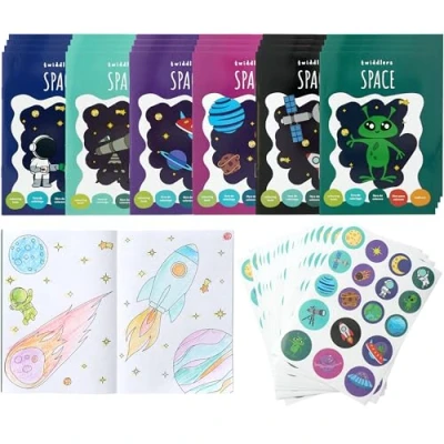 Image of THE TWIDDLERS 24 Mini Colouring Books for Party Bags, with Stickers Space Theme, A6 Children, Age 4 8, Perfect Small Bag Fillers Favours