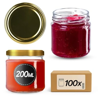 Image of KADAX Glass Jars 200 ml, Small Preserving with Metal Lids for Homemade Jam and Honey, Storing Spices Herbs (Gold Lids, Set of 100)