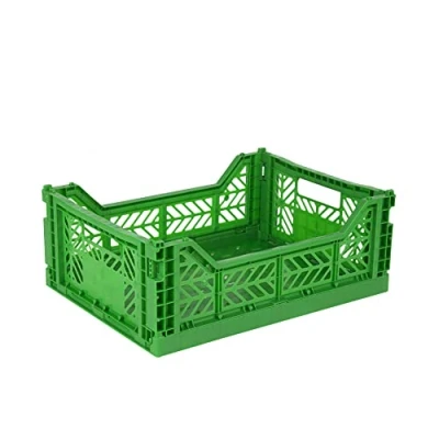 Image of Ay Kasa Folding Crate, Sturdy Box, Plastic, Stackable, Green, Midi (40 x 30 14 cm)