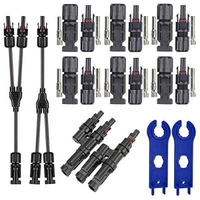 Image of QitinDasen Professional Solar Panel Cable Connector Set: 6 Pairs Male Female + 1 Pair T Branch Y Connector, for Photovoltaic System
