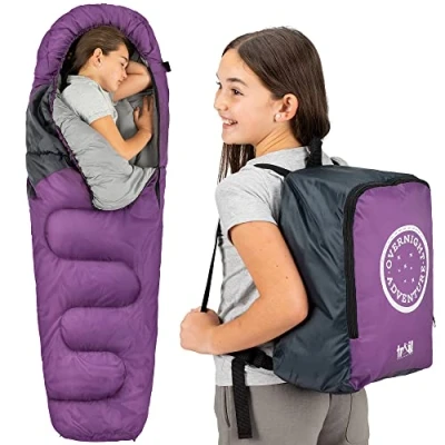 Image of Trail Kids Sleeping Bag Mummy Shape 3 Season Camping 300gsm Boys Girls with Lightweight Rucksack (Purple)