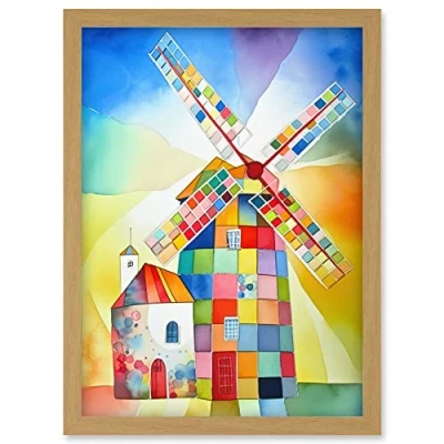 Image of Artery8 Abstract Patchwork Windmill Old Amsterdam Folk Art Artwork Framed Wall Print A4