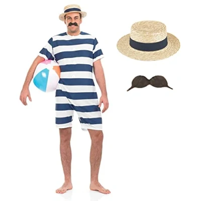 Image of Fun Shack Old Time Victorian Bathing Suit Costume 20s, Mens 1920s Suit, Halloween Costumes for Men Adult X Large