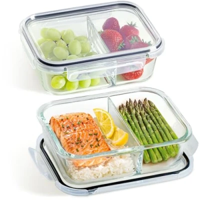 Image of Glass Containers with Lids Set of 2 Meal Prep Compartments 1 Litre Airtight Suitable for Dishwasher, Microwave &amp; Oven