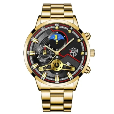 Image of JewelryWe Mens Analog Quartz Watches: Business Waterproof Luminous Date Calendar Dial Alloy Luxury Multifunctional Wrist Watch