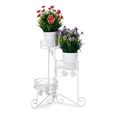 Image of Relaxdays Metal Plant Stand, 3 Tiers, Folding, Decorative Flower Etagere, Vintage, in &amp; Outdoor Use, H: 40 cm, White