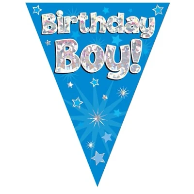 Image of Party Bunting Birthday Boy Blue Holographic 11 flags 3.9m