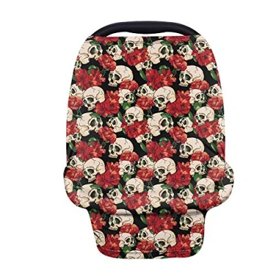 Image of Binienty Rose Floral Skull Print, Car Seat Cover for Babies, Stretchy Fabric Carseat Canopies, Multi Use Nursing Cover, Shopping Cart/High Chair/Stroller