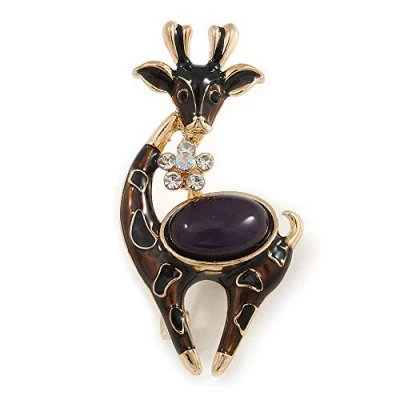 Image of Avalaya Small Brown/Black Enamel Crystal Giraffe Brooch in Gold Tone Metal 48mm Tall