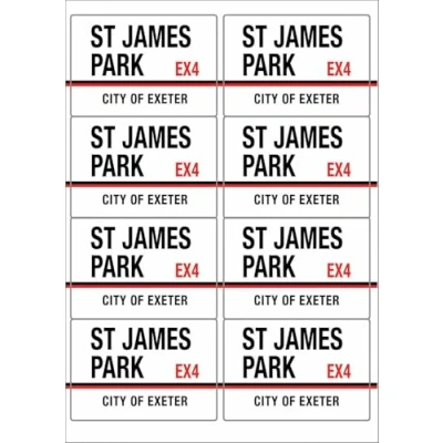 Image of St James Park EX4 Exeter Road Sign Rectangular Matt Paper Stickers A4 Sheet of 8 (Each Sticker is 99mm x 68mm)