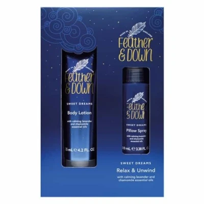 Image of Feather &amp; Down Sweet Dream Relax and Unwind Gift Set (100ml Pillow Spray 125ml Body Lotion) With Calming Lavender Chamomile Essential Oils.