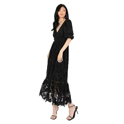 Image of Maya Deluxe Women&#039;s Midaxi Dress V Neckline Puff Sleeve Lace A line for Wedding Guest Bridesmaid Cocktail Prom Evening Occasion, Black, 22