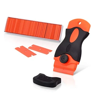 Image of Ehdis Plastic Scraper with 100 Razor Blade, Adhesive Remover, Sticky Remover for Removing Lable, Glue, Decal in The Glass, Window, Floor, Orange