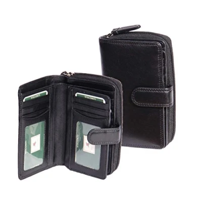 Image of Womens Soft Black Leather Purse Clutch Zip Around Cards ID Coins Banknotes Boxed Aspen