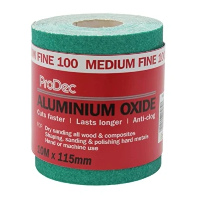Image of ProDec 10m Roll 100 Grit Medium Fine Grade Green Aluminium Oxide Abrasive Sanding Paper for Wood, Paint, Plaster, Filler, Metal and More, 115mm Wide Sandpaper Compatible with Machine Sanders