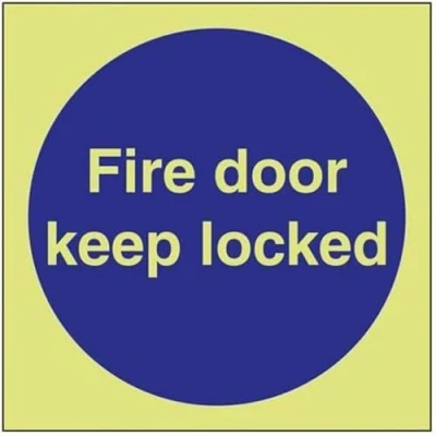 Image of V Safety Glow In The Dark Fire Door Keep Locked Sign 150mm x Rigid Plastic