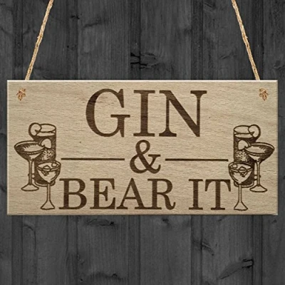 Image of RED OCEAN Gin &amp; Bear It Funny Alcohol Man Cave Home Bar Pub Hanging Plaque Shed Friendship Colleague Gift Sign